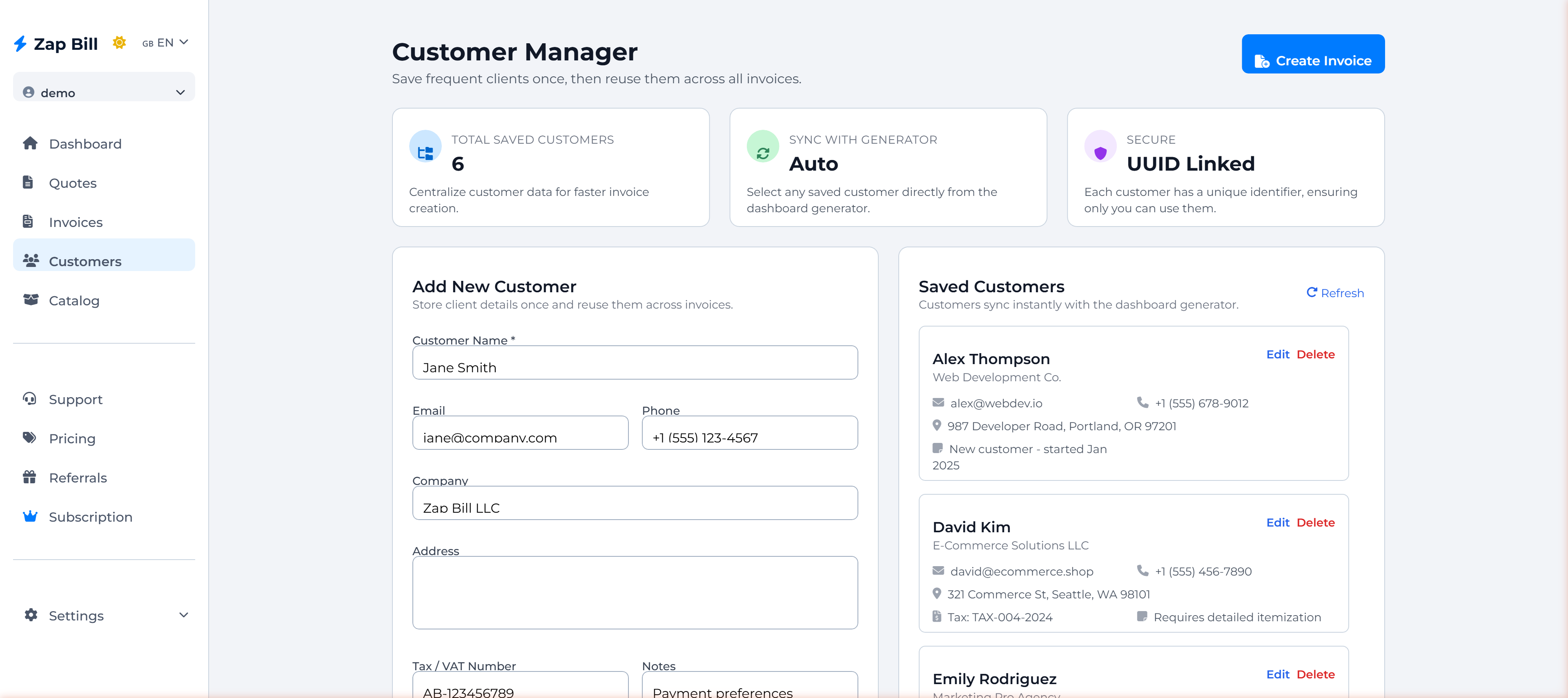 Zap Bill customer manager showing saved client profiles with contact details, tax IDs and billing notes