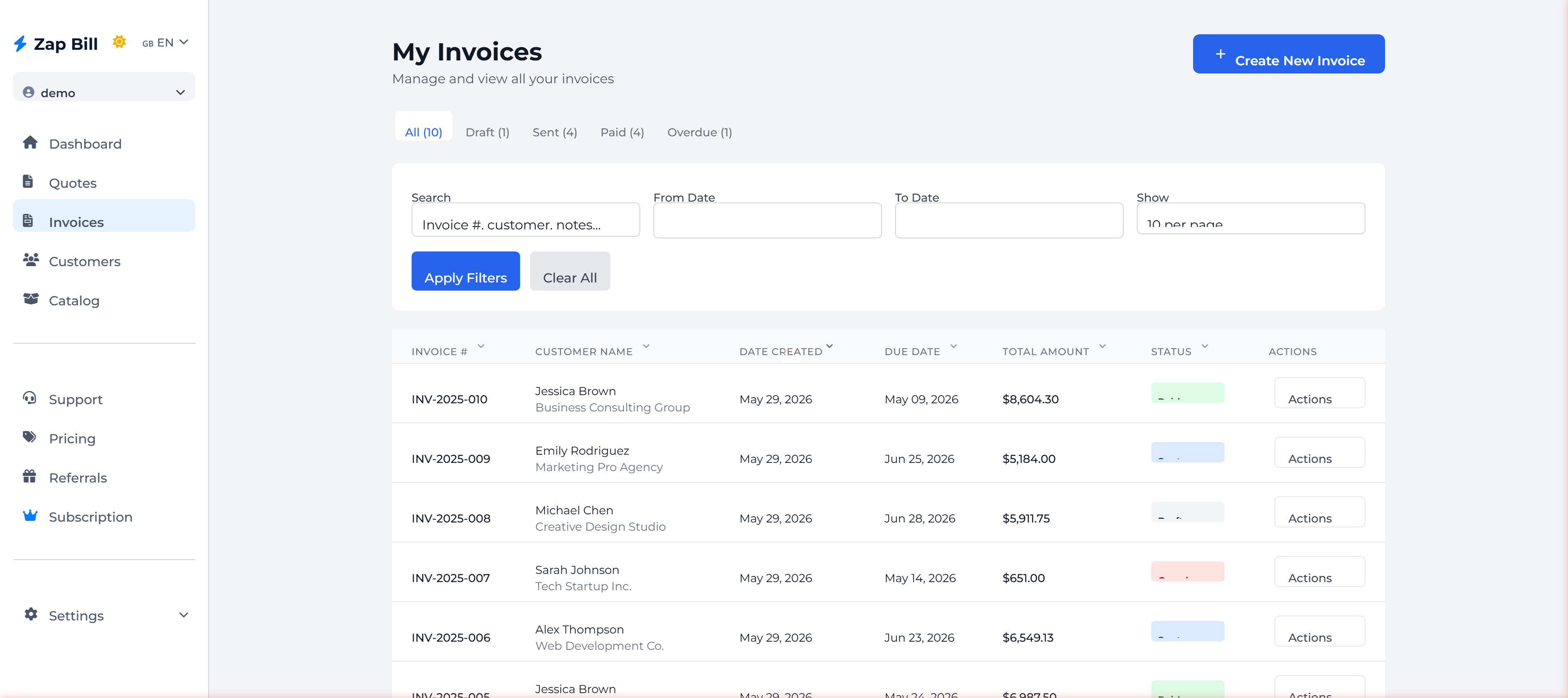 Zap Bill invoice management list showing paid, sent, draft and overdue invoices with status filters