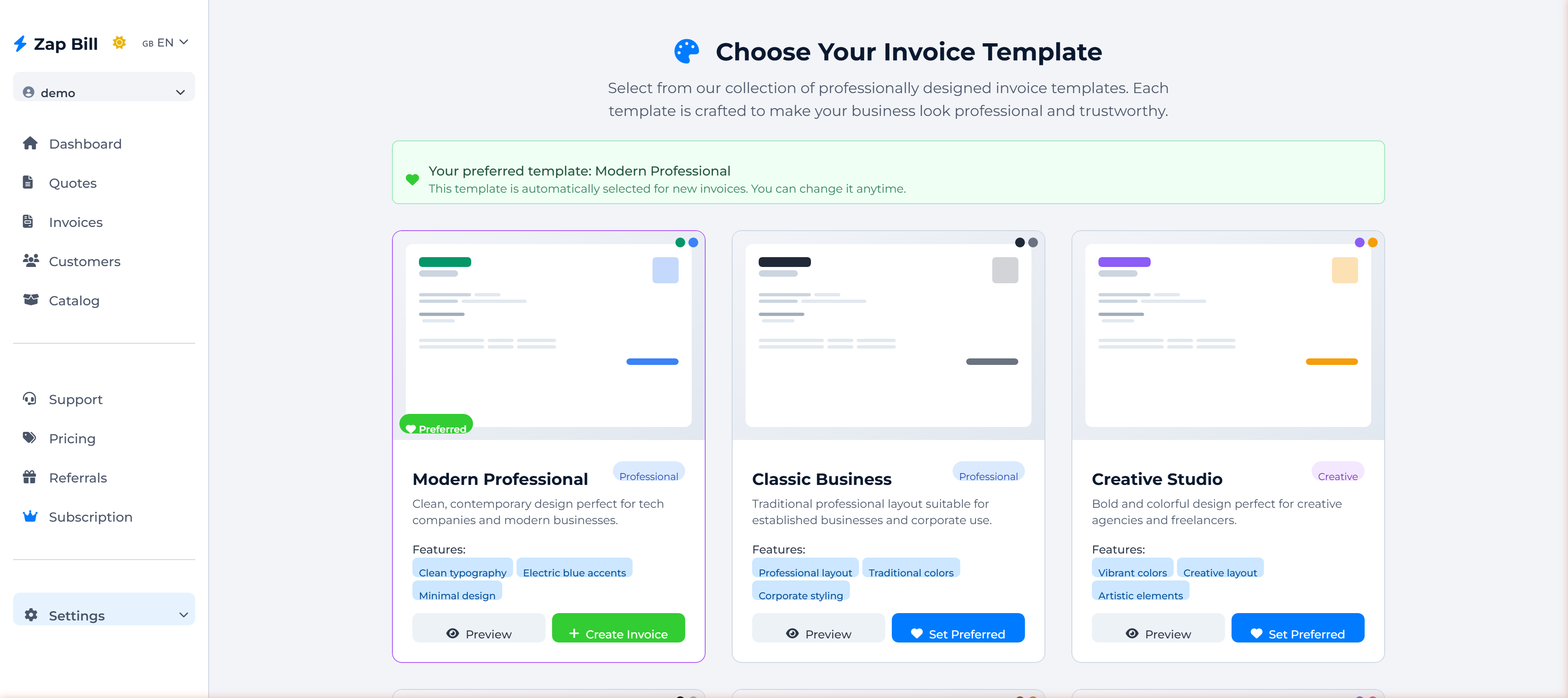 Zap Bill invoice template selection showing Modern Professional, Classic Business, Creative Studio and more styles