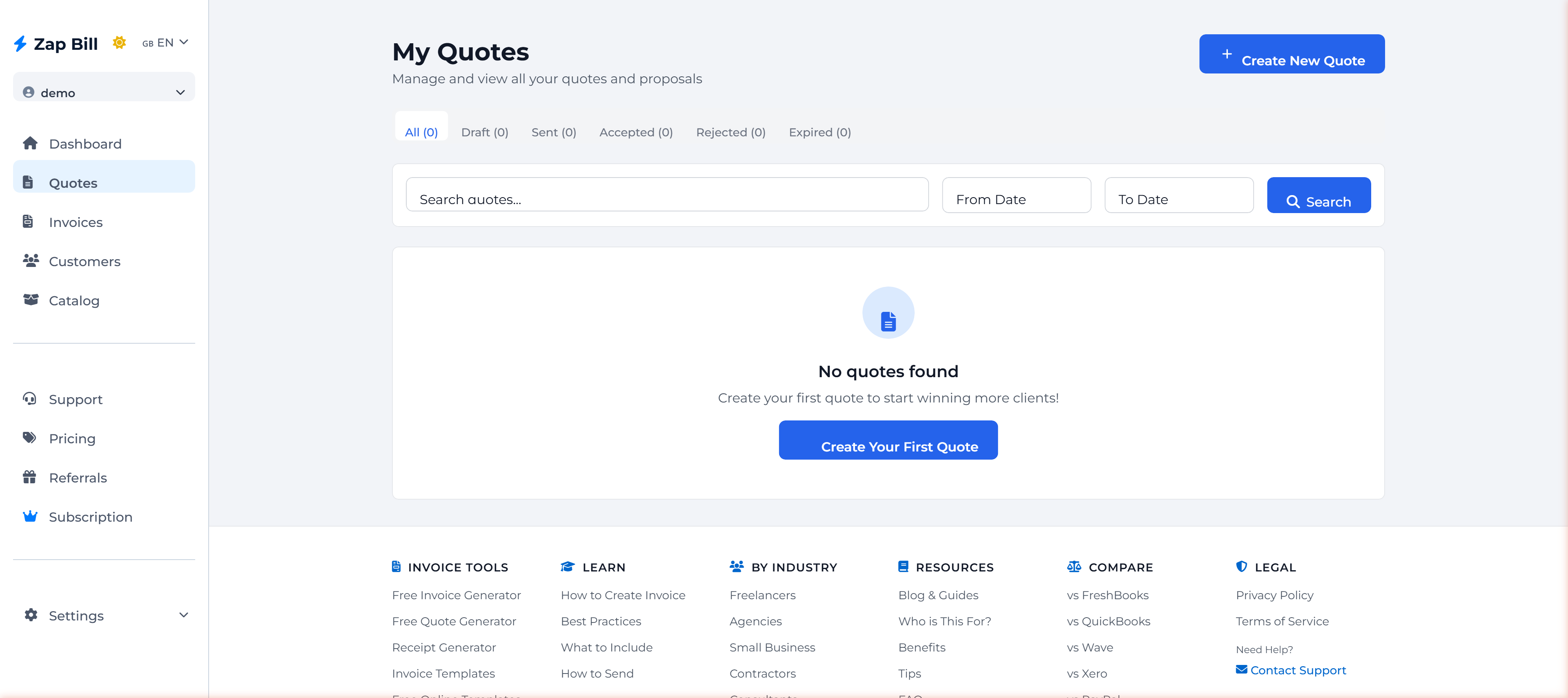 Zap Bill quote generator for creating and tracking business proposals and estimates